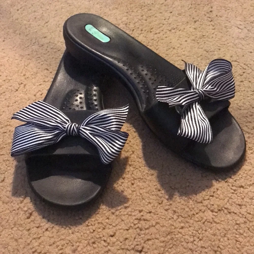 OKA B Madison Slide Sandals *Black Striped Ribbon Bows*